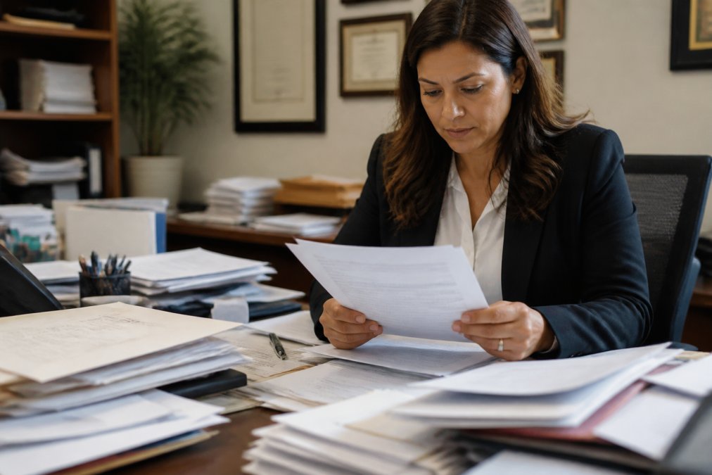 Professional reviewing USCIS forms and supporting documents at a desk with a checklist visible, concentrated expression, natural office lighting