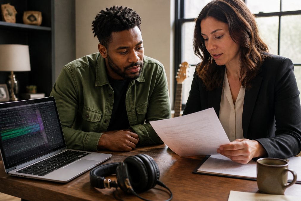 A music producer and an entertainment lawyer reviewing a printed contract at a desk, a laptop showing an open DAW session and a pair of studio headphones beside a coffee cup, warm afternoon light through a window