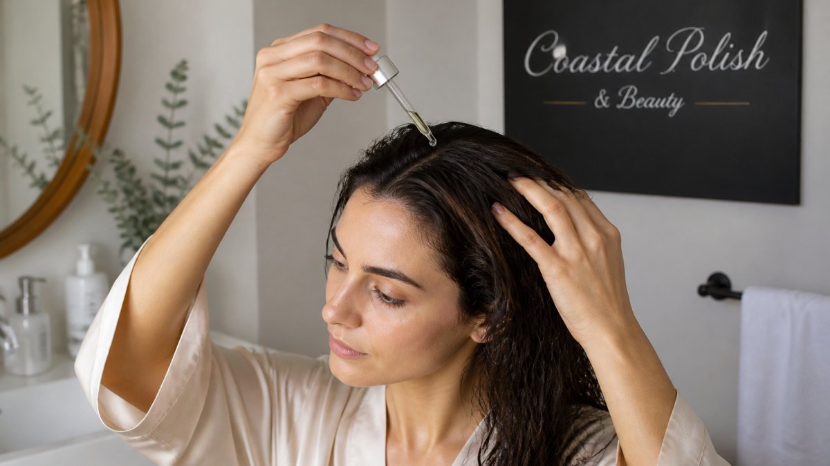 Step-by-step guide on applying scalp serum, showing common mistakes to avoid after a head spa for best results.
