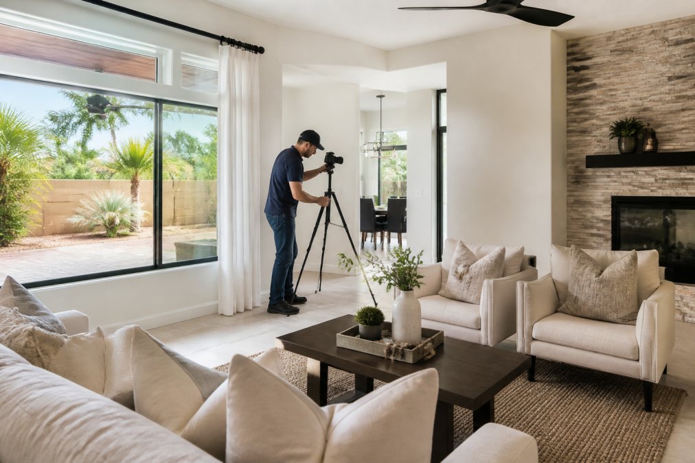 Infographic showing steps to stage a living room for real estate photography with a photographer adjusting a tripod.