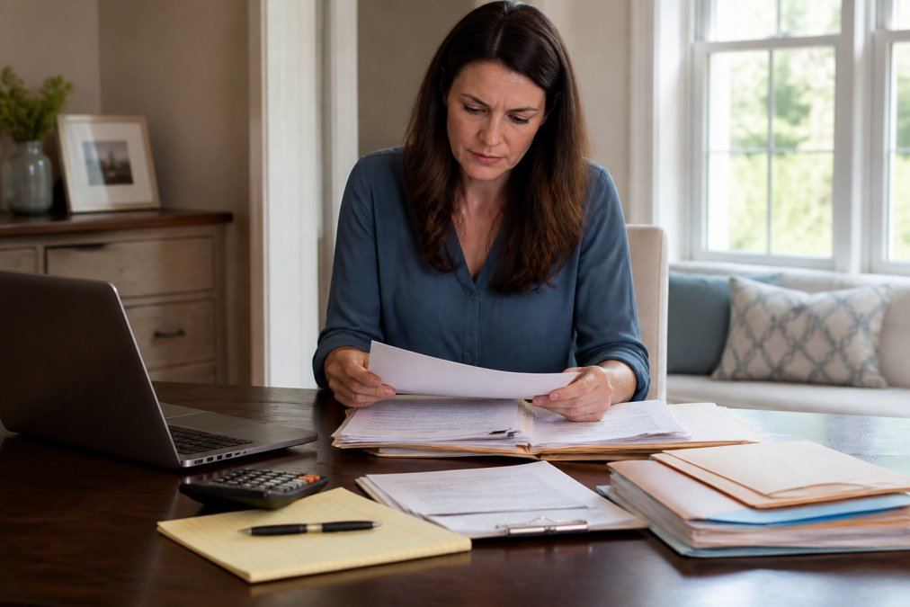 Person sitting at desk with organized financial documents, folders, and laptop, reviewing papers with focused expression in natural office lighting