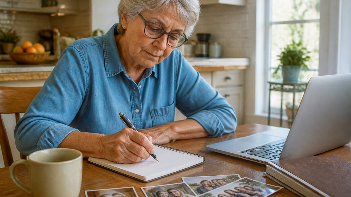 An older woman sitting at a kitchen table with a notebook and pen, writing thoughtfully, with family photographs and a laptop nearby in warm natural light