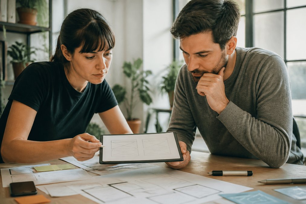 A designer and developer reviewing a mobile app wireframe on a tablet together in a modern office, natural window light across the desk