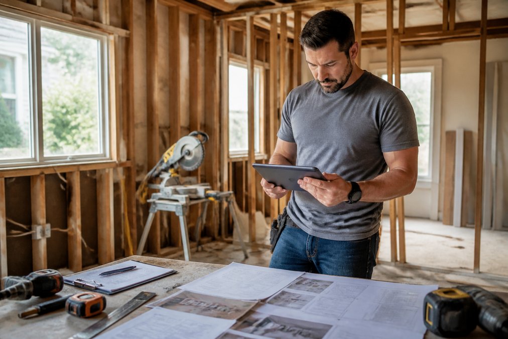 Real estate investor reviewing property data on a tablet while flipping houses in a home under renovation.