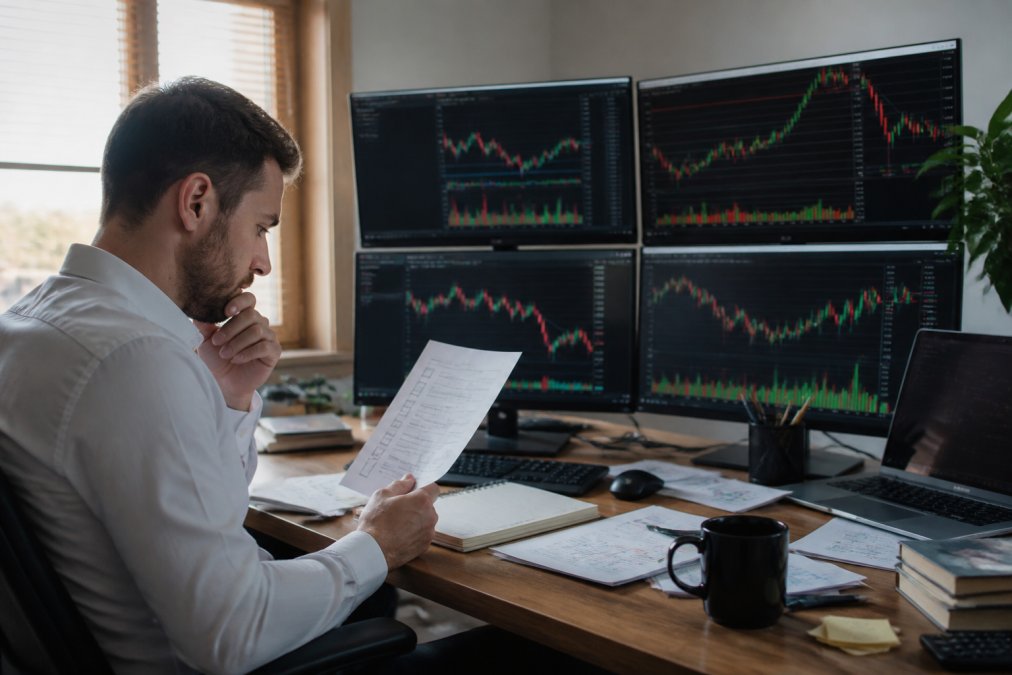 Trader reviewing automated trading system data on monitors to avoid common mistakes when buying forex trading robots