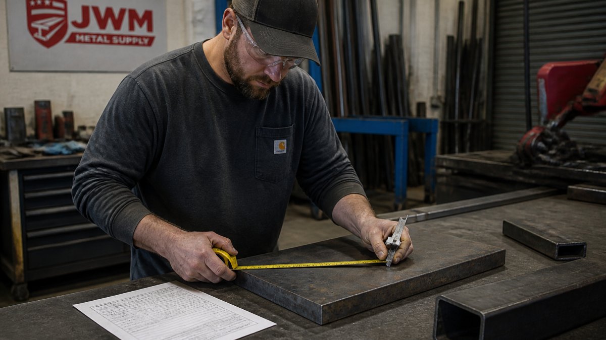 Fabricator measuring a cut steel plate with calipers against an order sheet on a workshop workbench