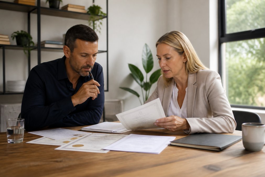 A property buyer and a buyer's advocate sitting at a desk, reviewing licence and accreditation documents on a laptop and printed paperwork in a bright office