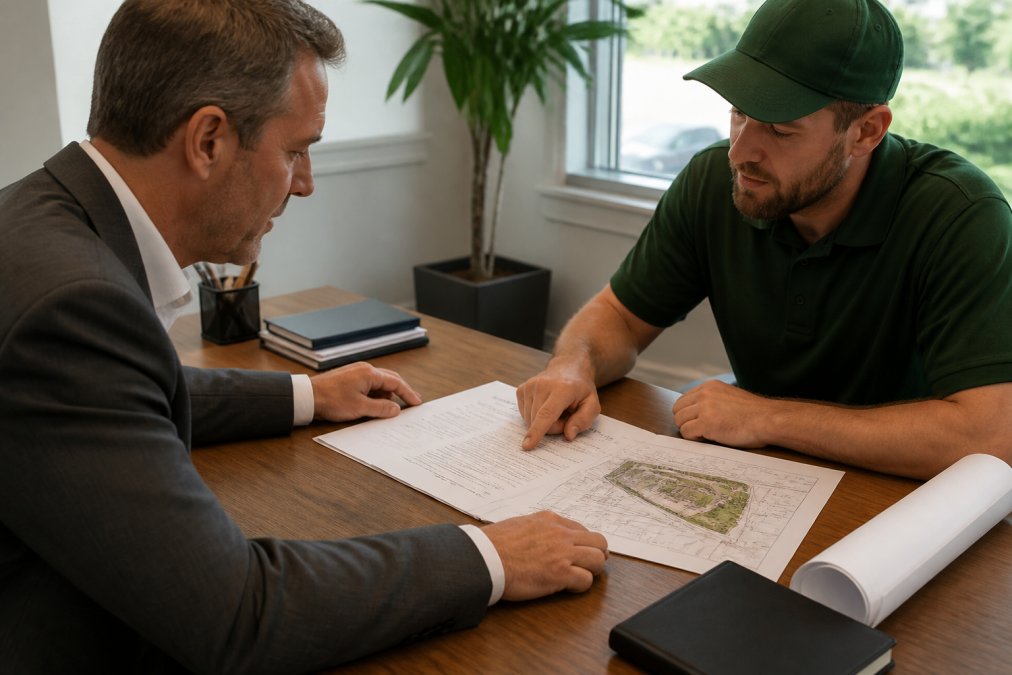 A facilities manager and a landscaping contractor reviewing a printed contract and site plan across a desk in a bright office meeting room, with a laptop showing a site map nearby