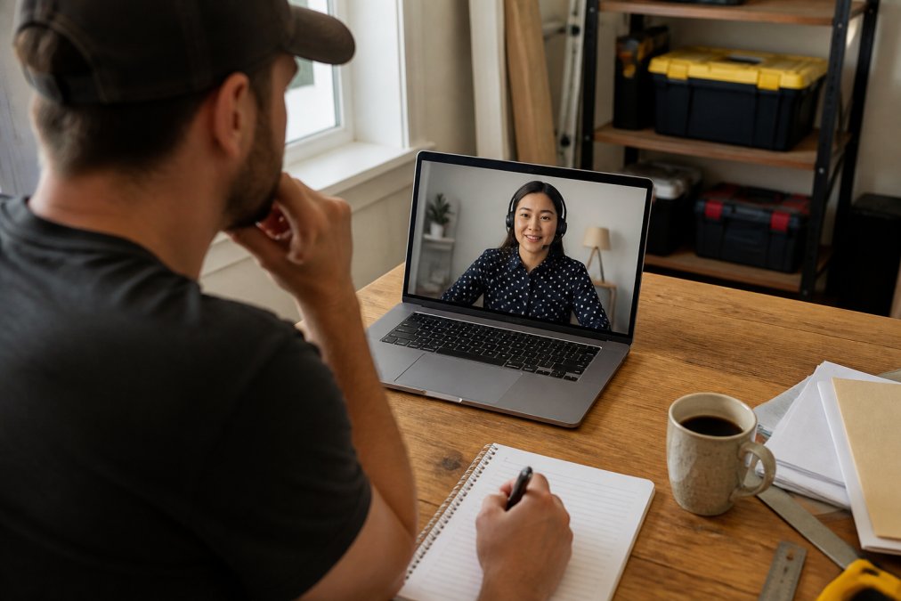A home services business owner sitting at a desk with a laptop, conducting a video interview with a virtual assistant on screen, notepad and coffee nearby