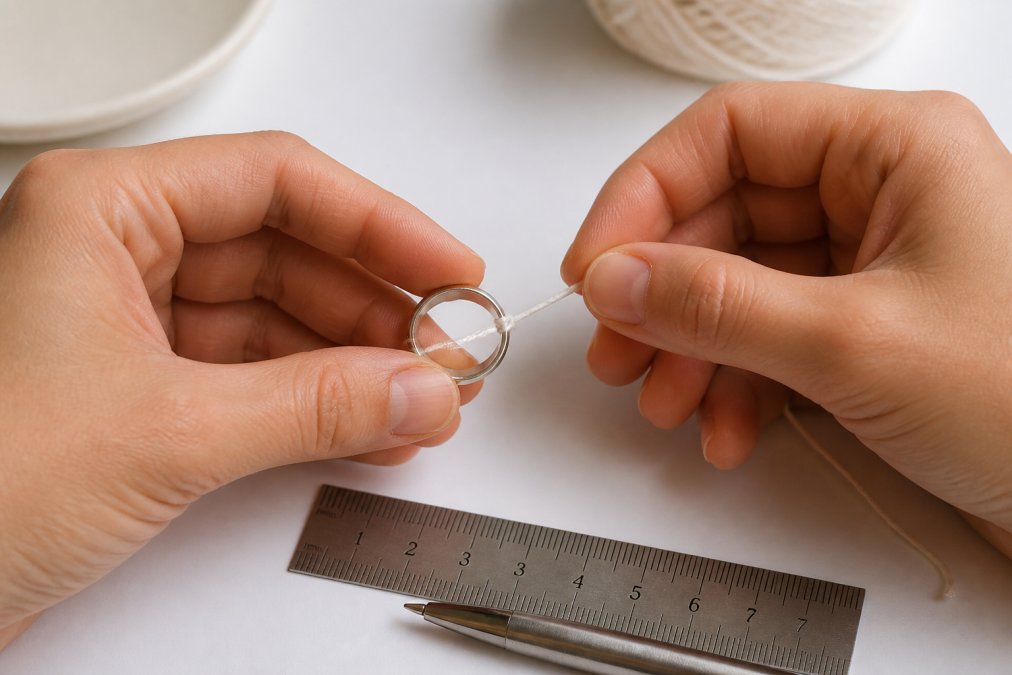 Close-up of hands wrapping string around the inside of a silver ring on a white surface, with a ruler and pen nearby showing proper measurement technique