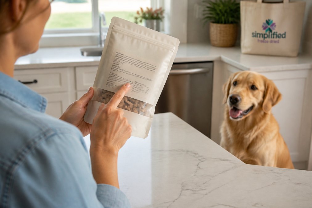 A person points to an ingredient list on a treat package while buying pet supplies online as a dog waits nearby.