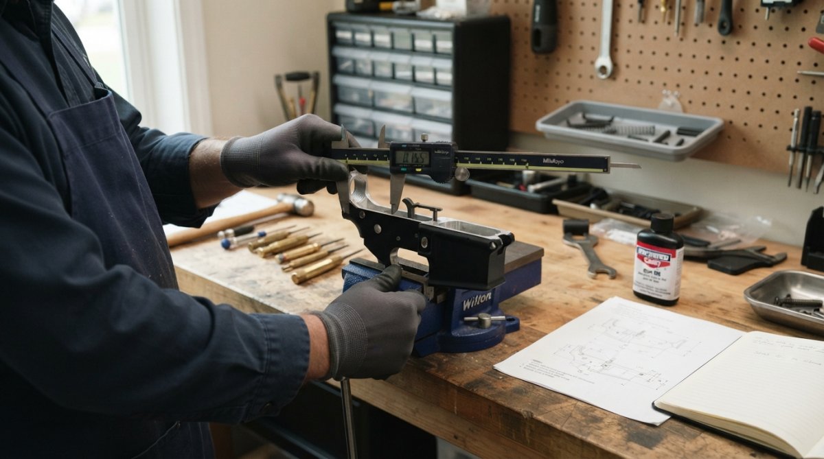 Professional gunsmith hands using calipers to measure trigger group pin spacing on lower receiver at well-lit workbench with precision tools and documentation nearby