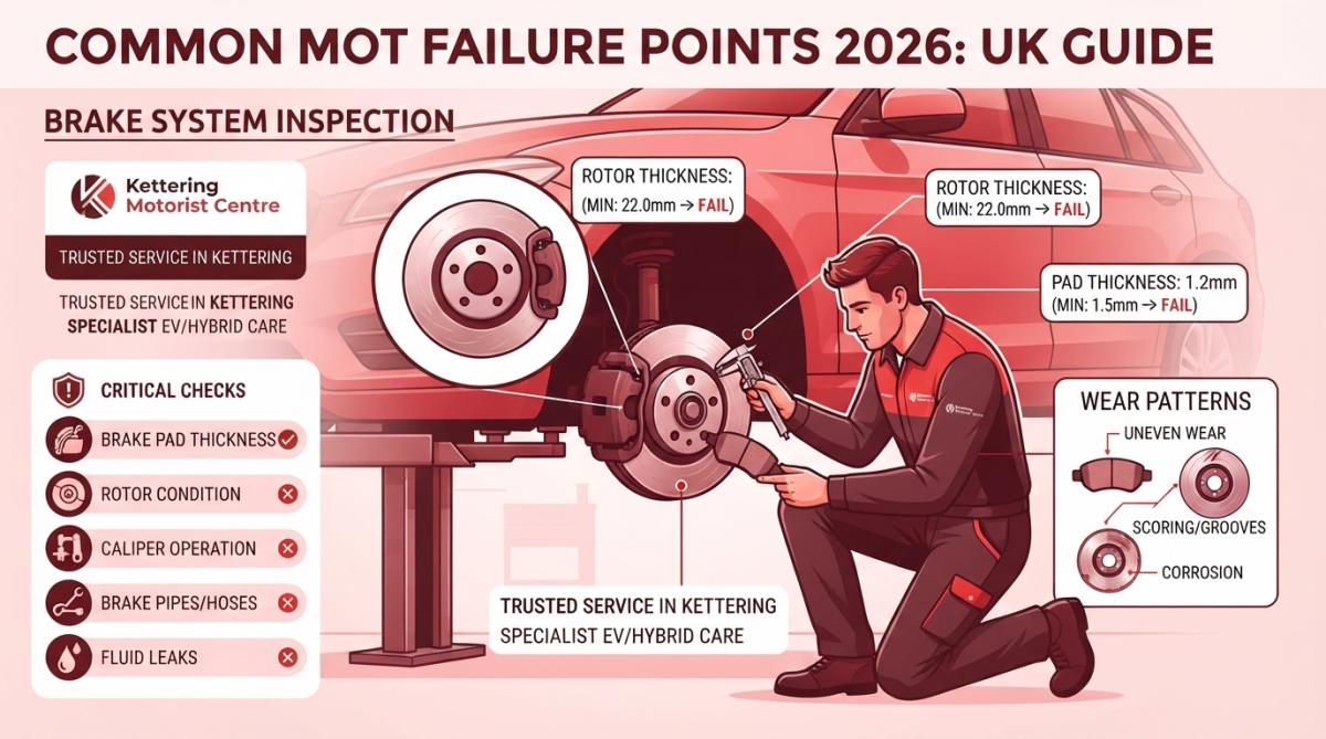 Mechanic measuring tyre tread depth with a digital gauge on a vehicle mounted on a lift, showing clear wear patterns on the tyre surface