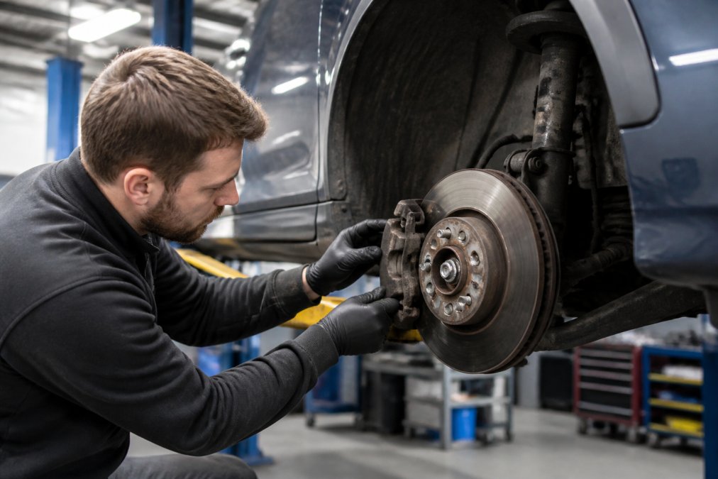 Technician in workshop uniform inspecting a vehicle's brake disc and pad assembly with the wheel removed, using diagnostic tools under bright workshop lighting