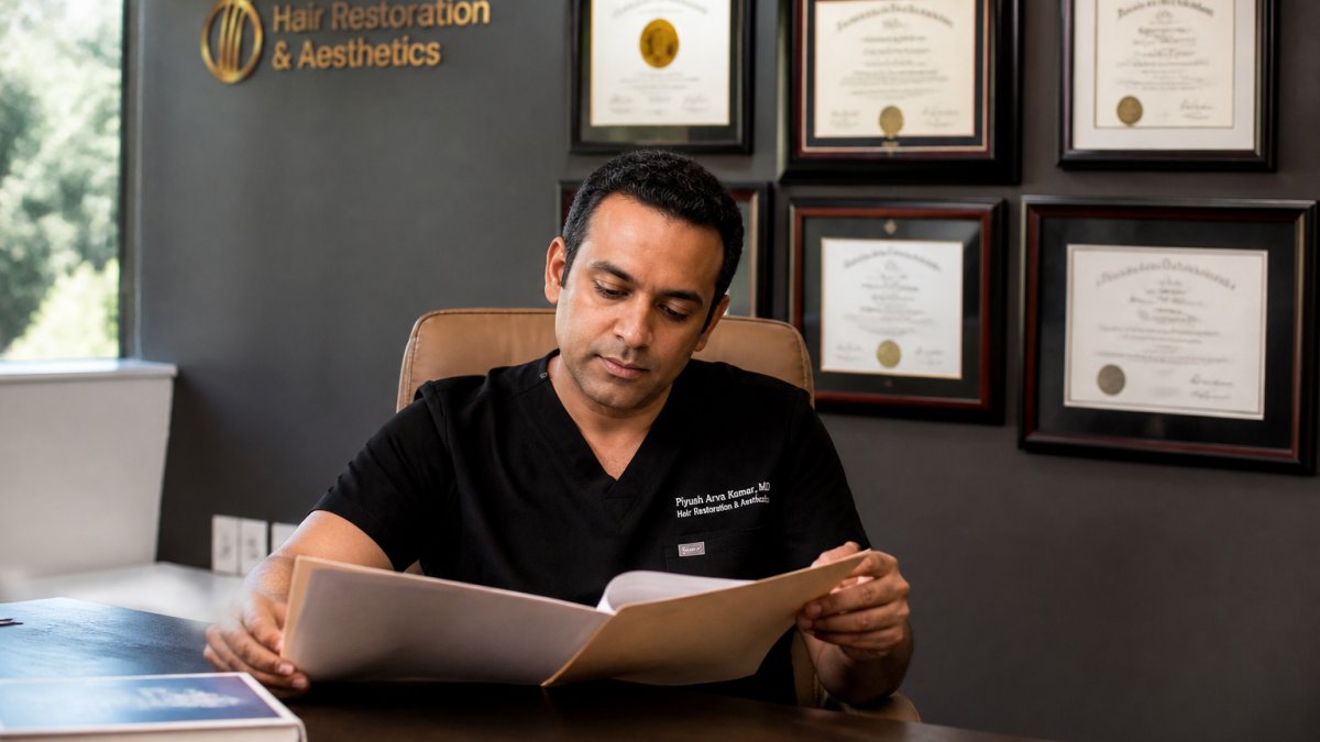 Professional physician in modern clinical setting reviewing patient certifications and diplomas displayed on office wall behind desk