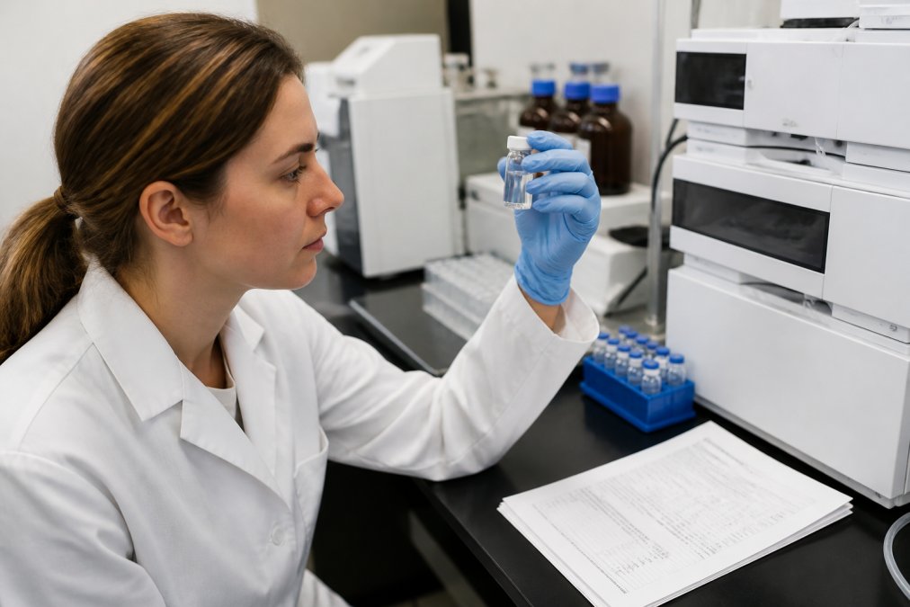 Laboratory technician examining a clear glass vial of peptide solution under bright overhead lighting, with a Certificate of Analysis document spread on the lab bench beside analytical equipment including an HPLC system