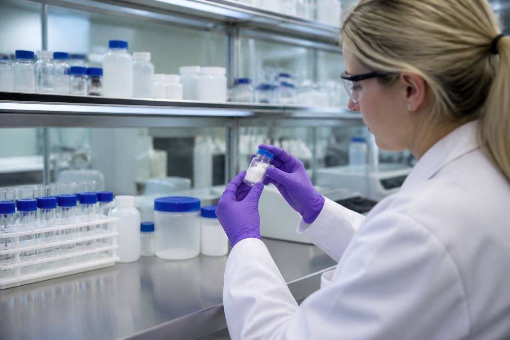 Researcher's hands holding a small peptide sample vial while reviewing quality control data displayed on a computer monitor in a bright, modern research laboratory with stainless steel benches
