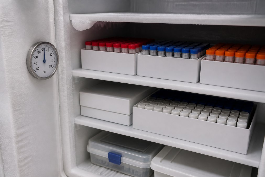 Organized laboratory freezer interior showing multiple peptide vials stored in dedicated boxes with clear labeling, temperature gauge visible, and proper storage containers on shelves with controlled lighting