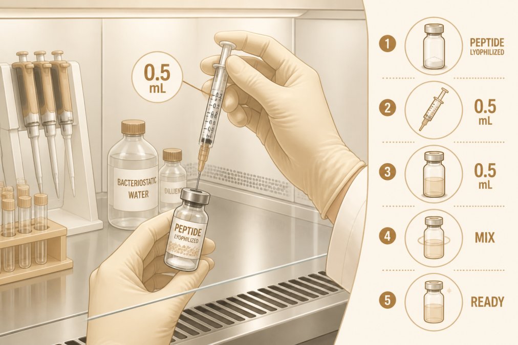 Close-up of a researcher's gloved hands carefully measuring and reconstituting a lyophilized peptide vial in a sterile laminar flow hood, with lab equipment and solution bottles visible