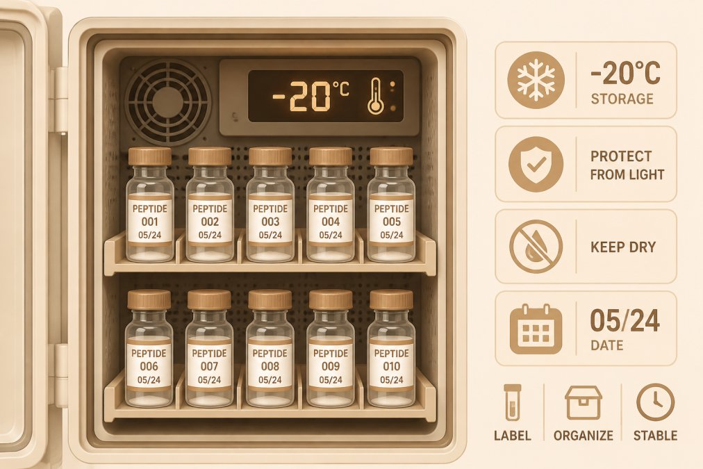 Organized peptide vials stored in a temperature-controlled freezer with thermometer display visible, showing proper storage conditions and vial labeling