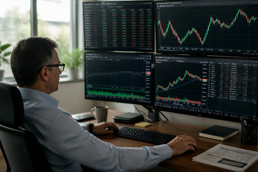 Professional trader reviewing trading signals on multiple monitors displaying charts and account data in modern office setting with natural lighting
