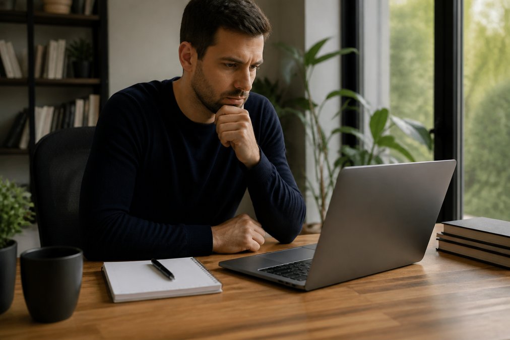 Professional trader at desk carefully reviewing subscription terms on laptop with notepad containing checklist and coffee cup in modern office setting