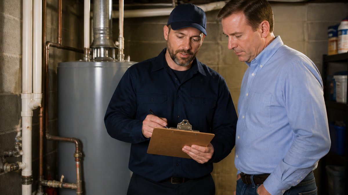 Landlord and professional plumber reviewing plumbing inspection checklist in basement of rental property with visible pipes and water heater