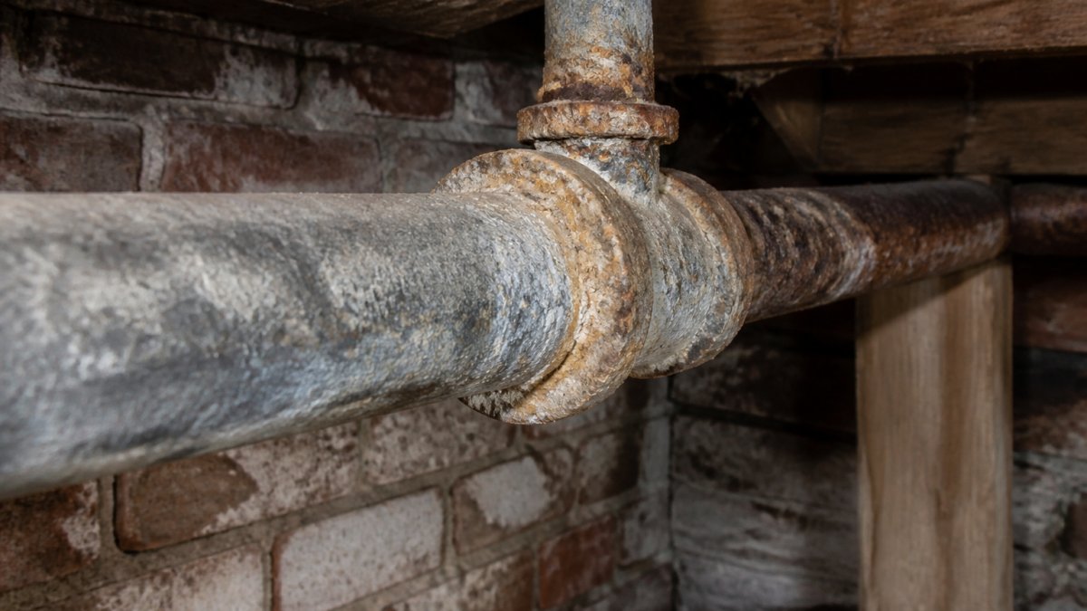 Diagram showing corrosion and mineral buildup in galvanized pipes, common plumbing issues in historic Denver houses.