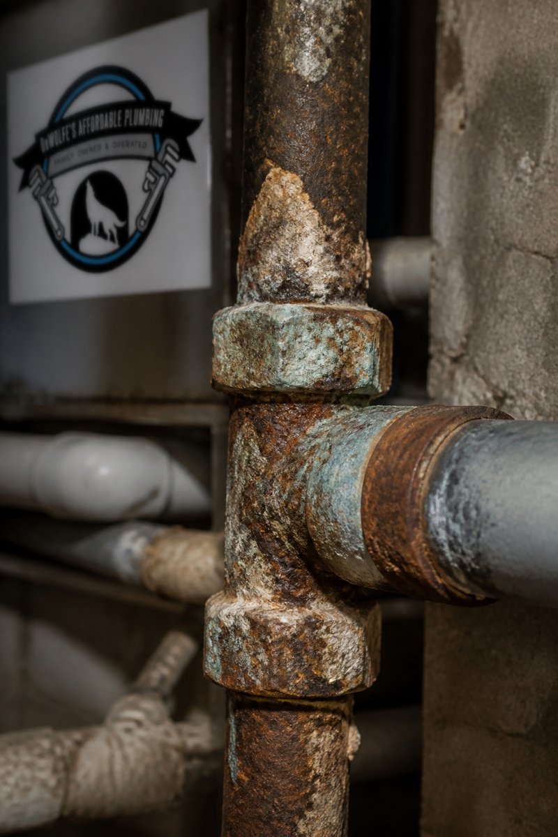 Close-up of corroded metal pipes with rust and mineral deposits visible on the surface, showing oxidation and water damage from age