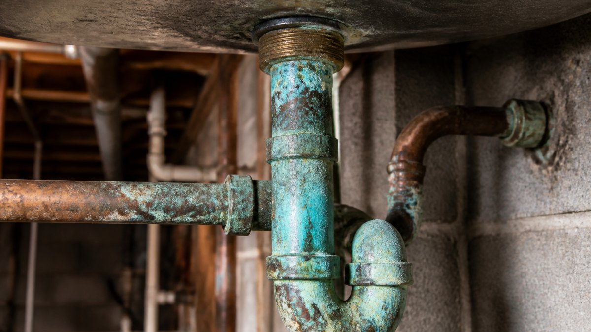 Close-up of corroded copper pipes showing green patina and mineral deposits under a sink in a basement with exposed piping