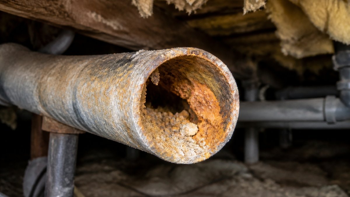 Close-up of corroded galvanized pipe showing rust, orange mineral buildup, and interior deterioration in a basement crawlspace with exposed piping