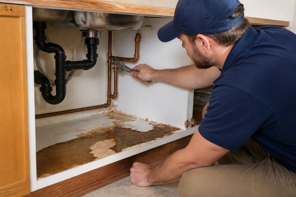 Professional plumber in work uniform using adjustable wrench to repair copper pipes under a residential sink, with water damage visible on cabinet below