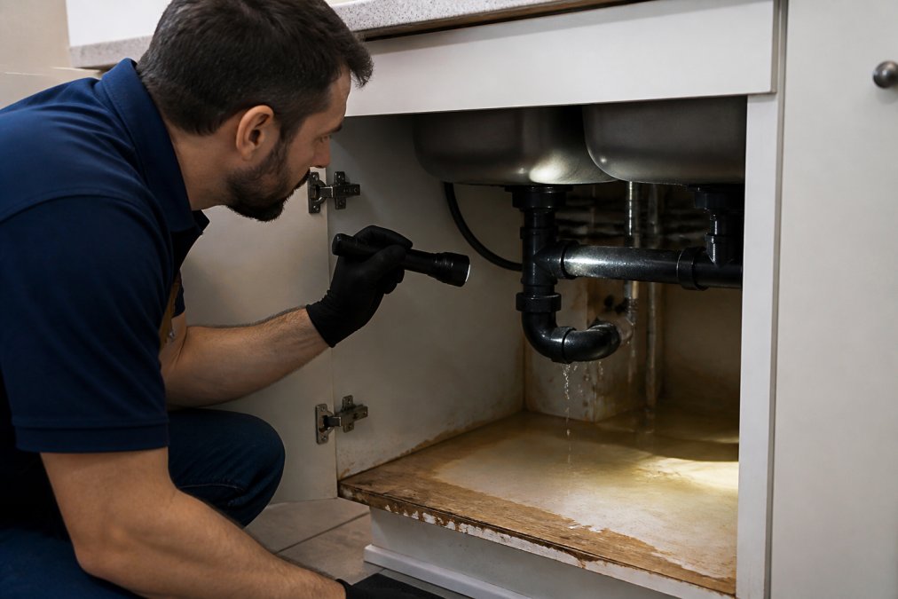 Licensed plumber inspecting burst pipes under a sink with water damage visible on the cabinet below, using a flashlight in dim cabinet lighting