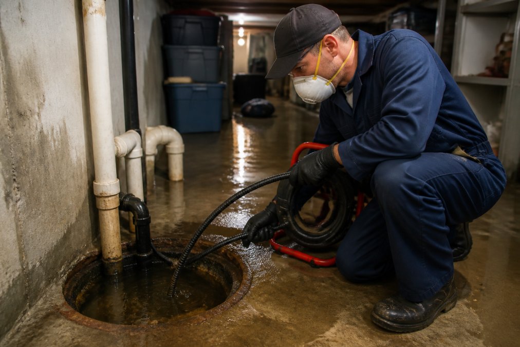 Plumber responding to basement water backup emergency, wearing protective gear and using professional equipment to assess the drainage system with water visible on the floor