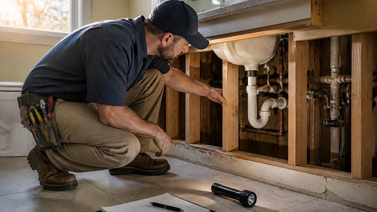 A plumber in work clothes inspecting exposed pipes under a bathroom sink before demolition, clipboard and flashlight nearby, early morning light through a window