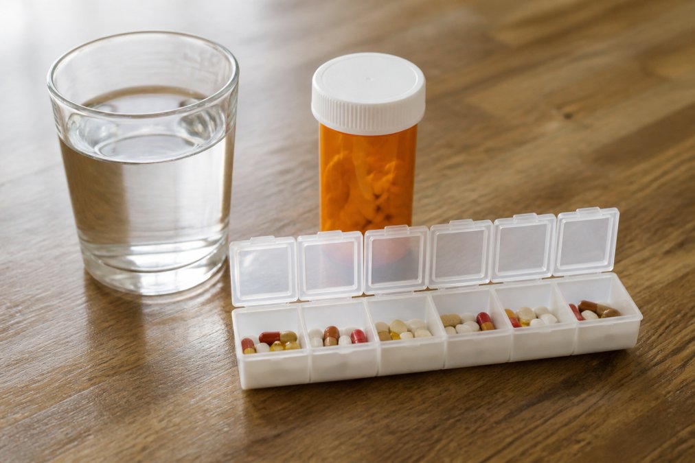 A clean flat lay of pain relief items on a wooden table: an orange prescription bottle, a weekly pill organizer, and a glass of water, photographed in soft natural daylight