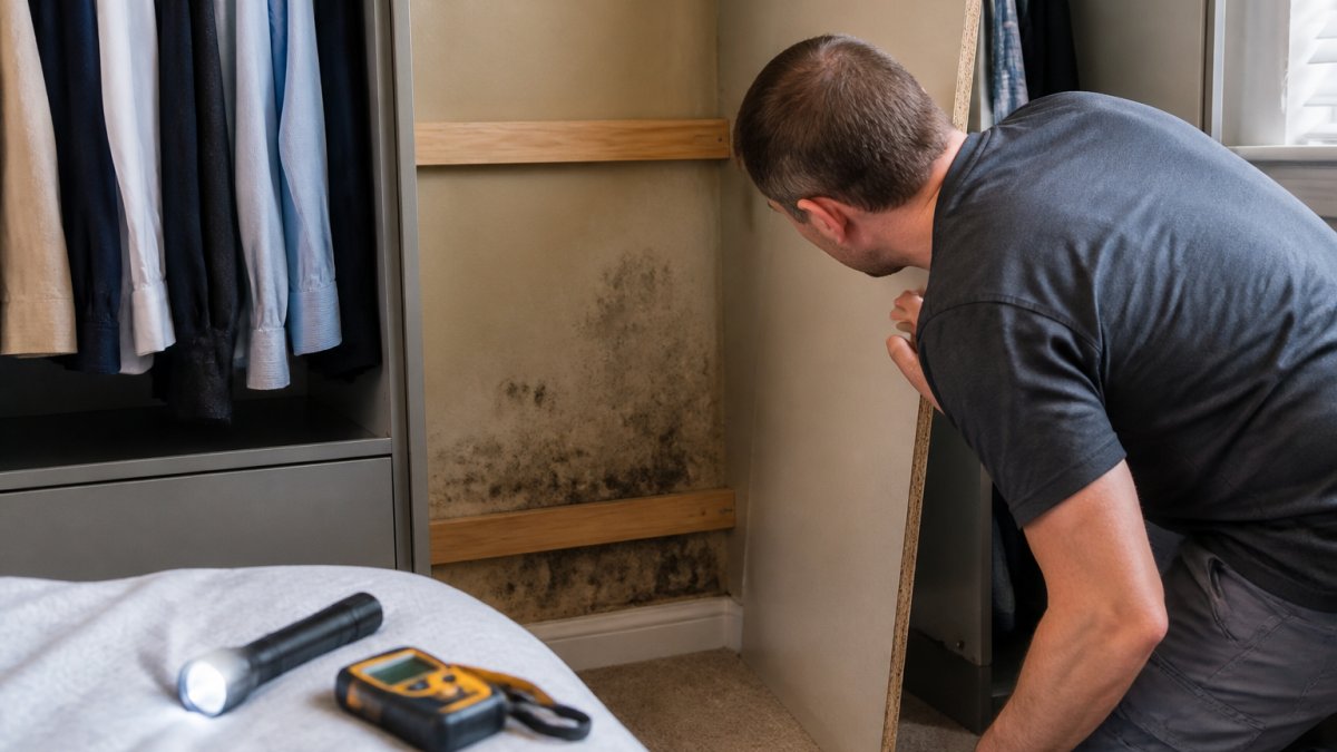 A homeowner examining dark patchy damp stains on the wall behind a partially removed fitted wardrobe panel in a bedroom, with a torch and moisture meter visible nearby