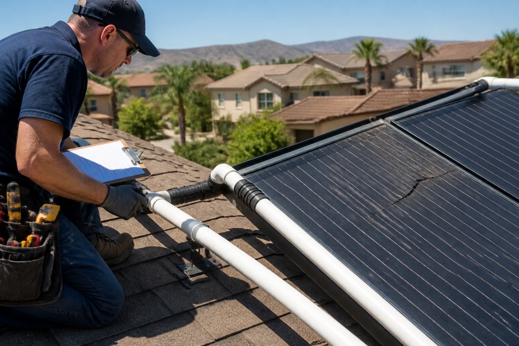 A technician in work clothes inspecting solar collector panels mounted on a residential roof, with a clipboard and tools visible, bright sunny day, suburban neighborhood in the background
