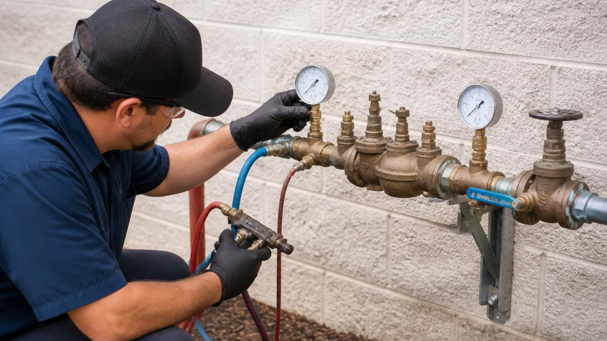 Professional certified backflow tester performing inspection on a backflow assembly mounted on a building's water supply line, checking pressure gauges and valve components with diagnostic equipment