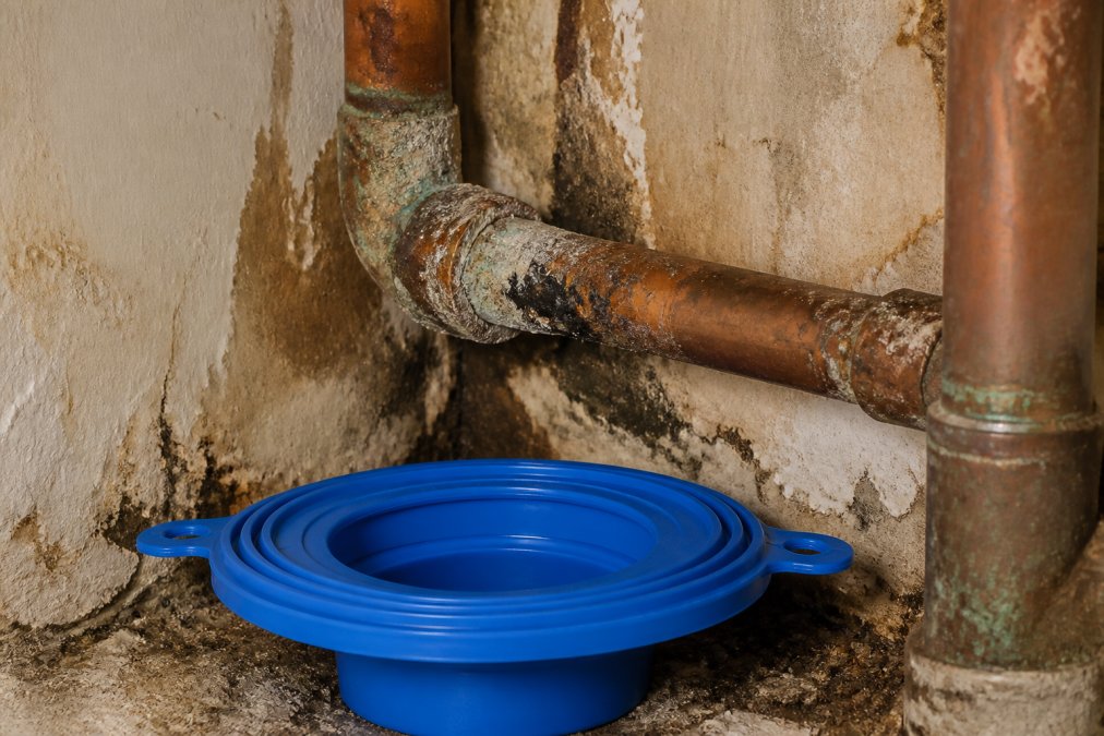 Close-up of corroded copper pipes with visible rust and mineral deposits alongside water stains on bathroom wall showing years of moisture damage