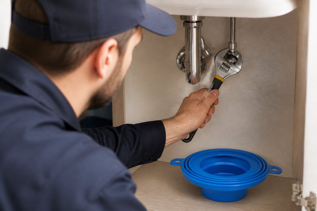 Maintenance technician demonstrating shutoff procedure at main water valve under bathroom sink with wrench in hand, showing proper emergency response technique in residential bathroom