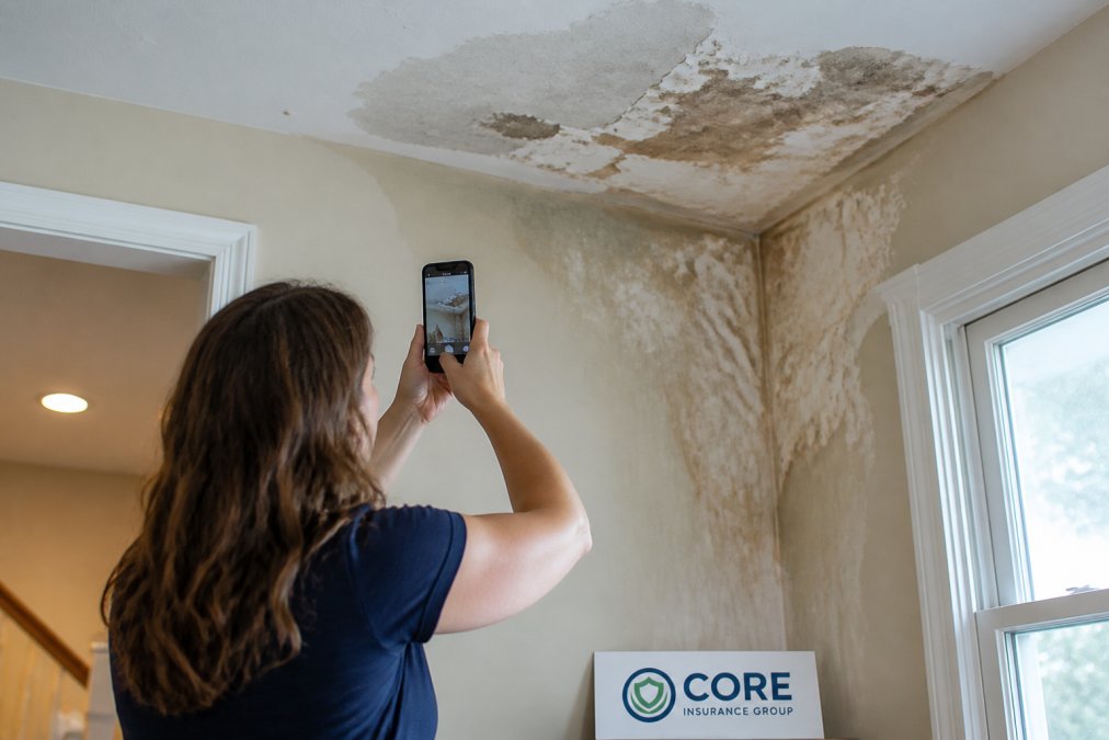 A homeowner photographing water damage on a ceiling and walls with a smartphone, documenting the damage for an insurance claim
