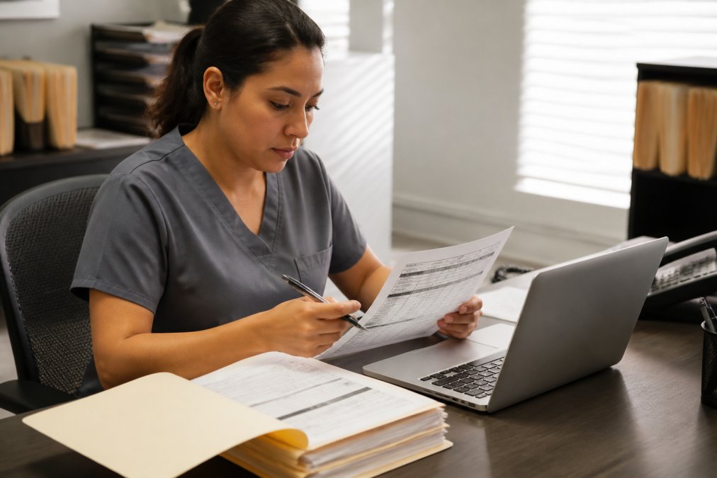 Medical billing specialist reviewing claim forms and insurance documents in a clinic office