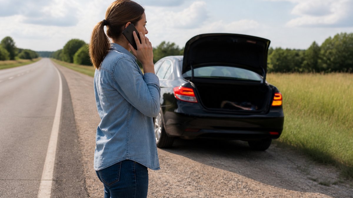 Driver standing safely on the roadside with hazard lights on while calling to report towing delays.