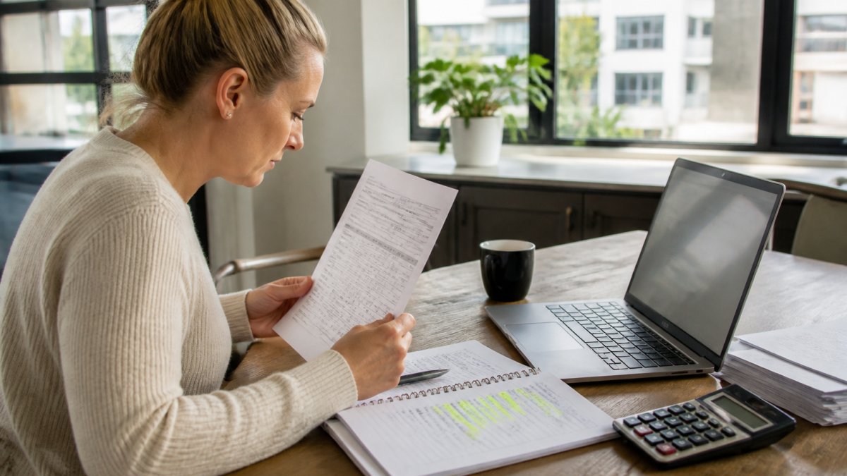 Accountant reconciling property management financial statements by comparing bank records to accounting software
