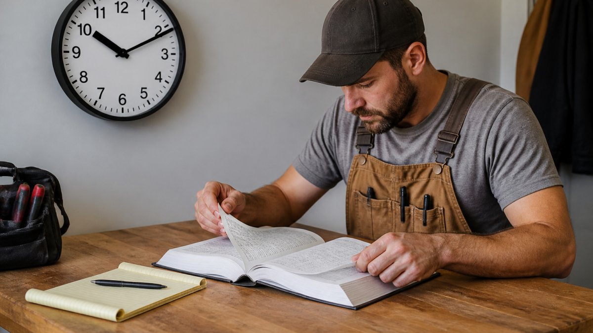 Tradesperson studying a code book with a clock to master red seal exam time management techniques.