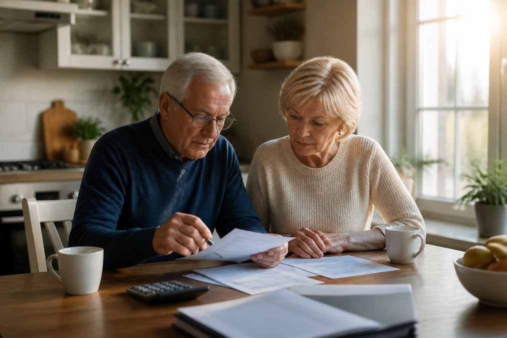 A retired couple reviewing financial documents and withdrawal strategy notes at a kitchen table with a laptop and coffee, natural morning light streaming through the window