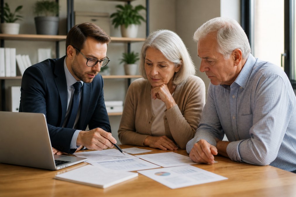 A financial advisor meeting with a couple in a modern office setting, discussing retirement planning documents and retirement income strategy with a laptop and charts visible on the desk