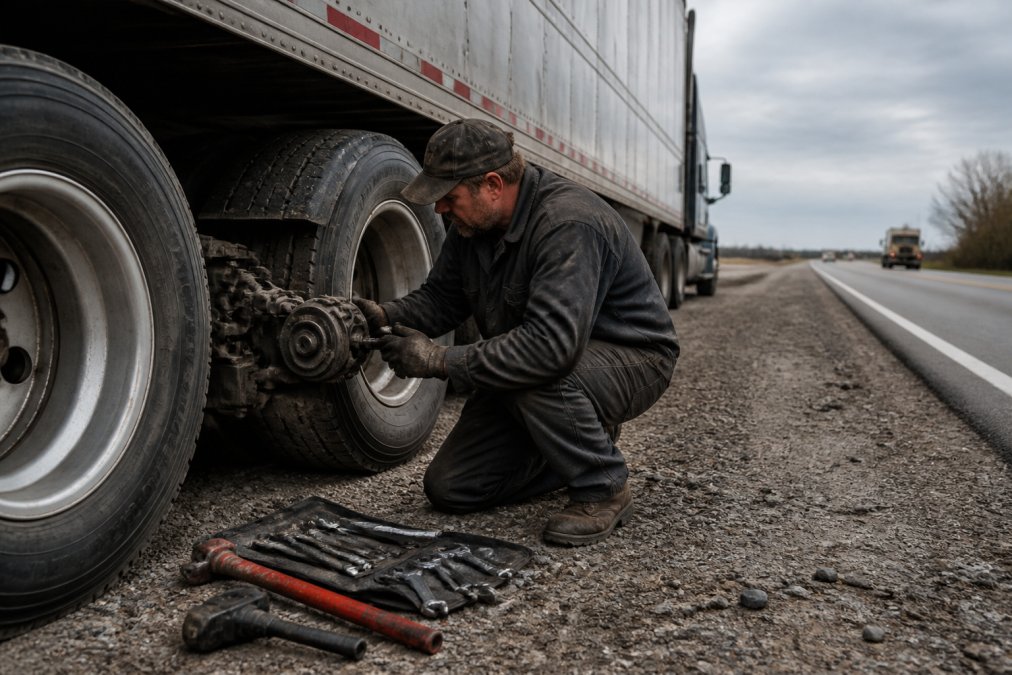 A mobile diesel mechanic in worn work gear crouching beside the rear axle of a loaded semi truck parked on a highway shoulder, inspecting the air brake system with wrenches and diagnostic tools laid out on the gravel beside him, overcast daylight
