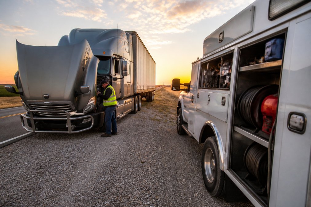 A fully equipped white mobile service truck parked on the gravel shoulder behind a broken-down semi with its hood up on a rural two-lane highway at dusk, a mechanic in a high-visibility vest connecting a laptop diagnostic tool to the cab's OBD port, warm amber light from the setting sun